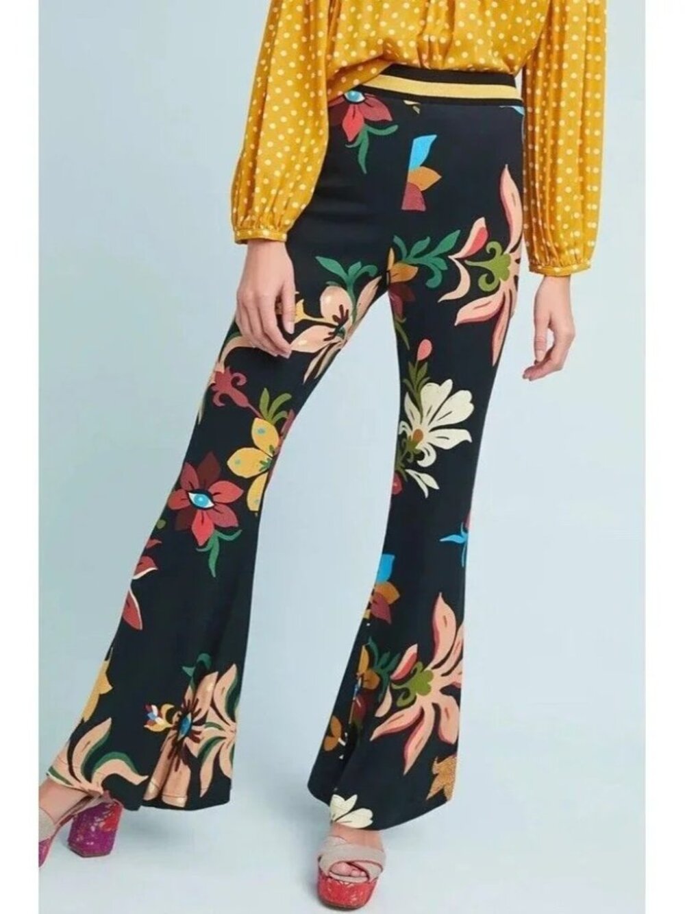 Farm Rio Women's Small Floral Calla Elastic Waist High Rise Pants Flare Leg Boho